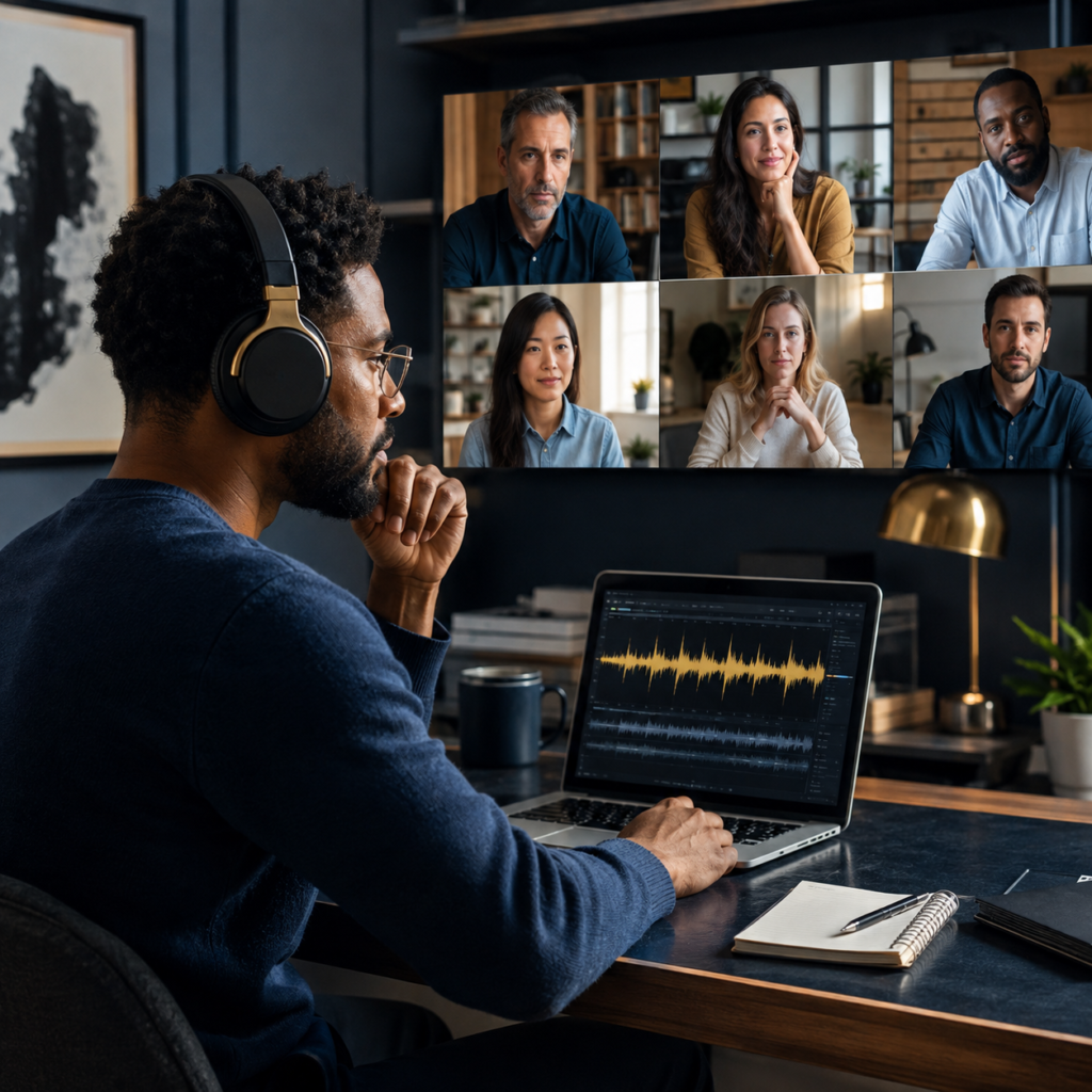 Illustration of an online focus group with a moderator wearing headphones