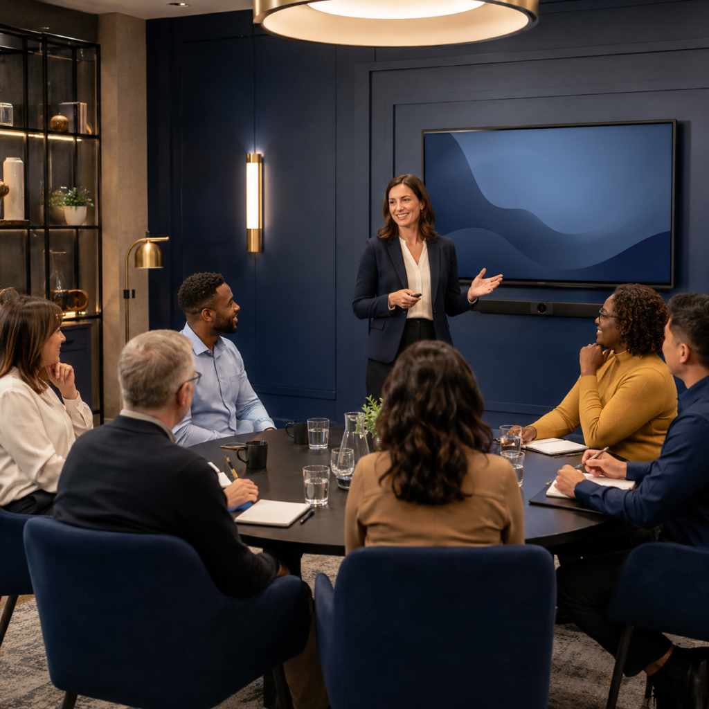 Illustration of a moderated focus group in a conference room