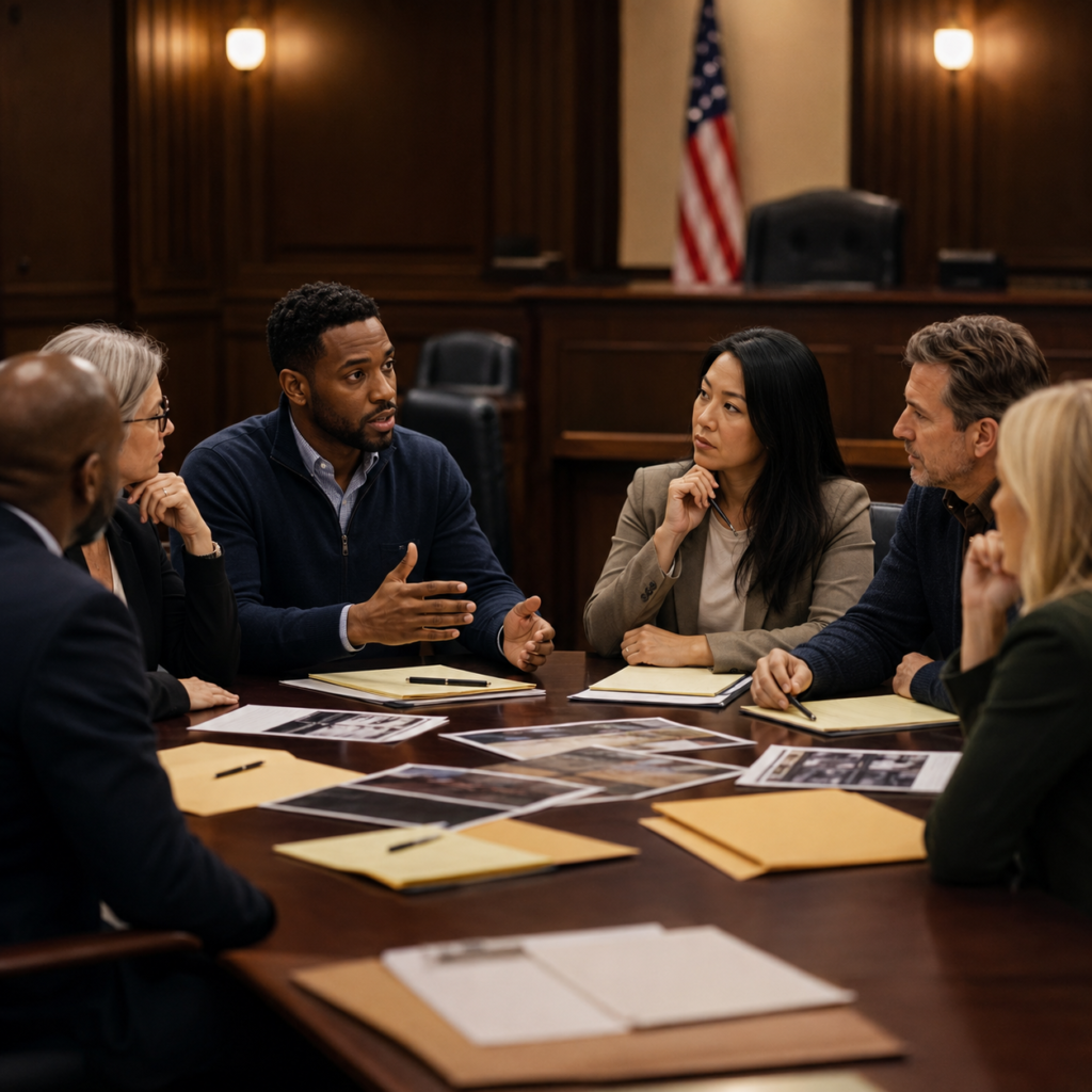 Illustration of a mock trial jury deliberation