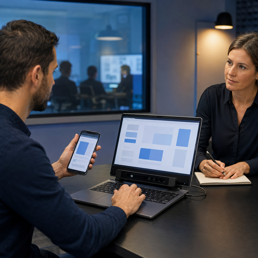 Illustration of a usability test on a laptop and phone