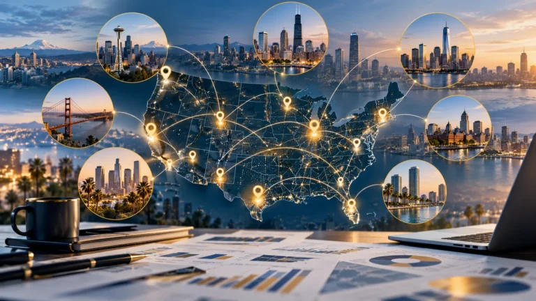 United States map connecting multiple research markets across the country