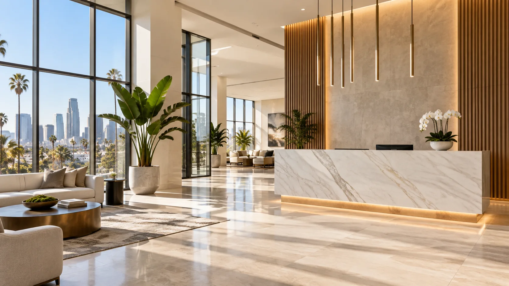 Reception lobby with Los Angeles skyline views