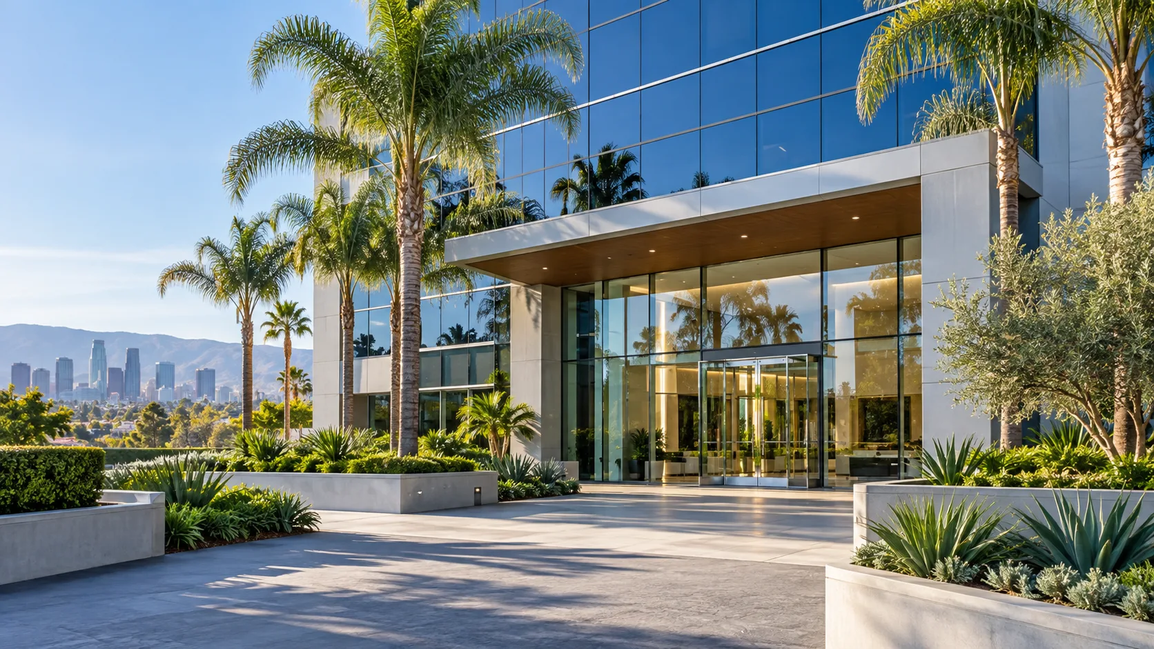 Palm-lined office building entrance in Los Angeles