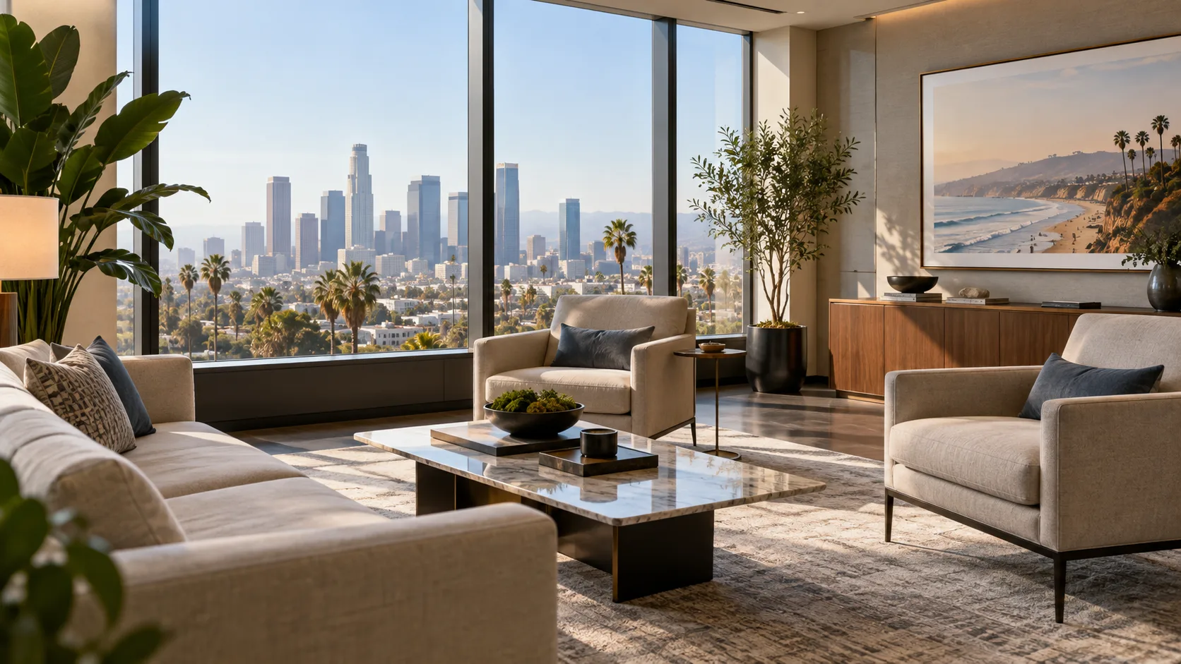 Lounge area overlooking downtown Los Angeles