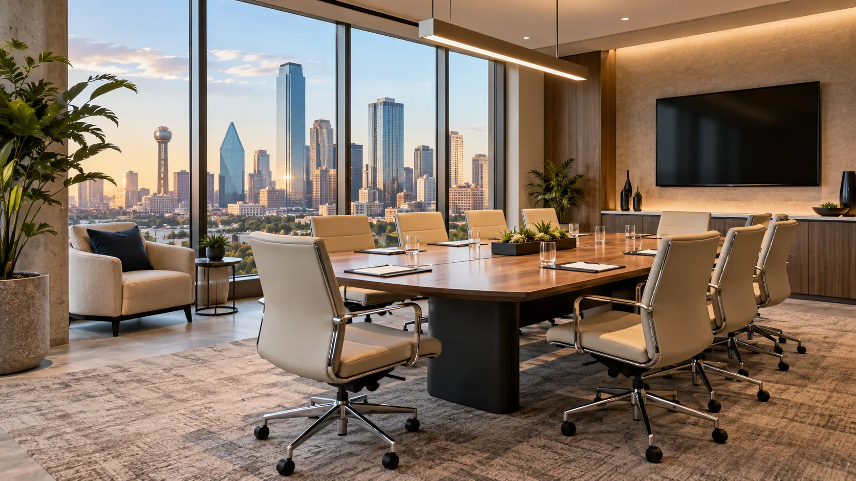 Research conference room with floor-to-ceiling city skyline views