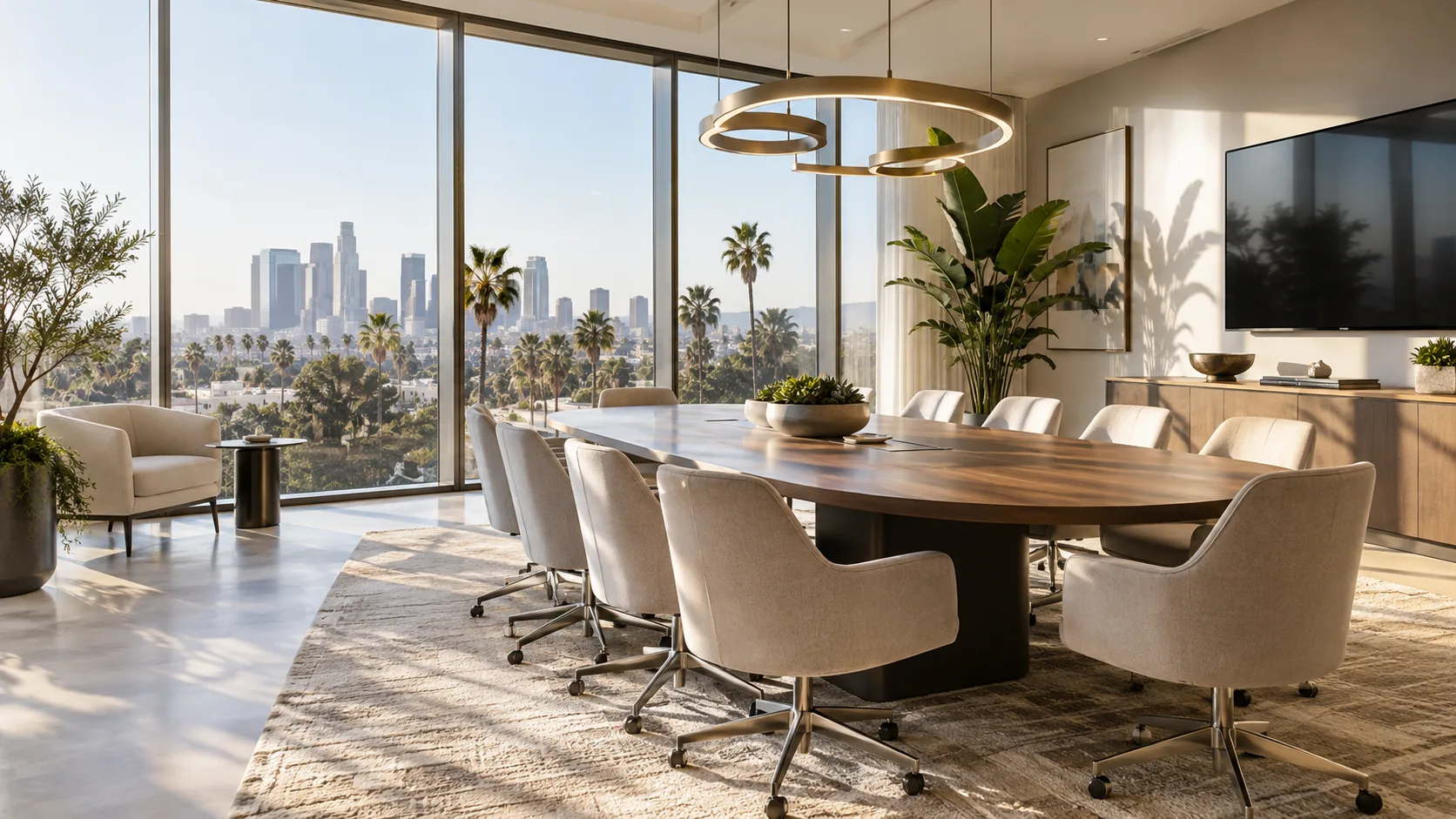 Bright research conference room with palm trees and city views