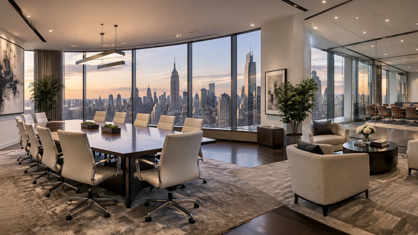 Research conference and lounge space overlooking Midtown Manhattan