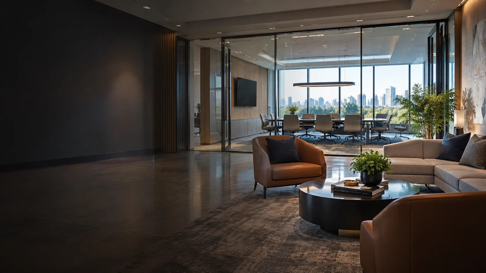 Client lounge and glass-walled conference room in a Northern Virginia research space