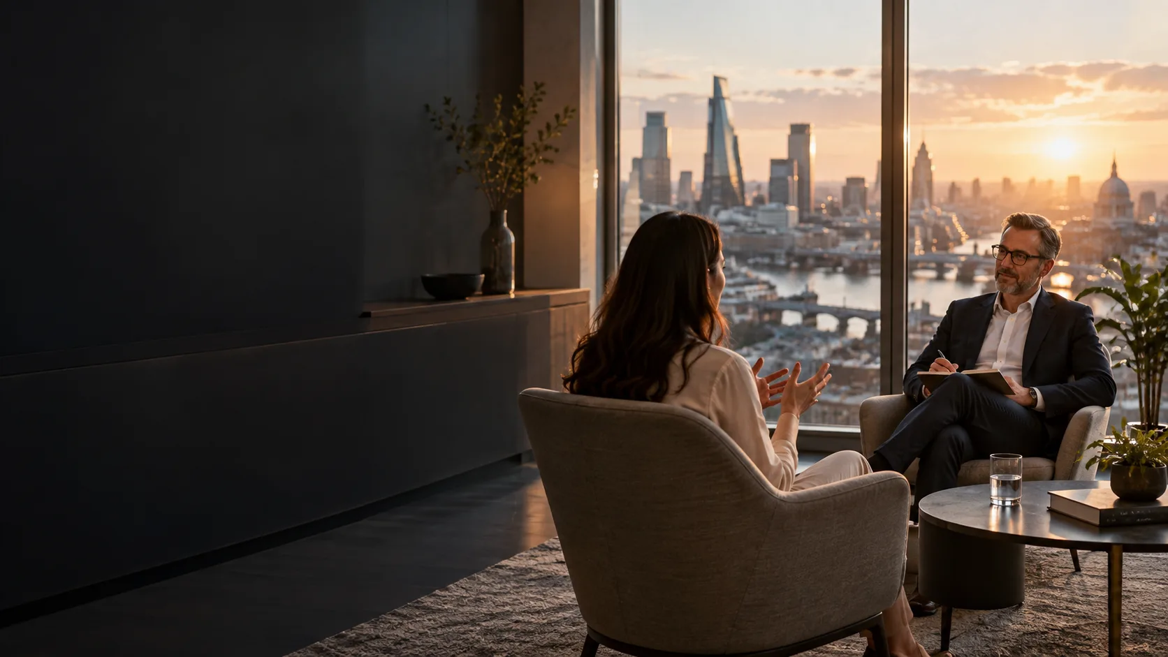 One-on-one research interview in a suite with city views