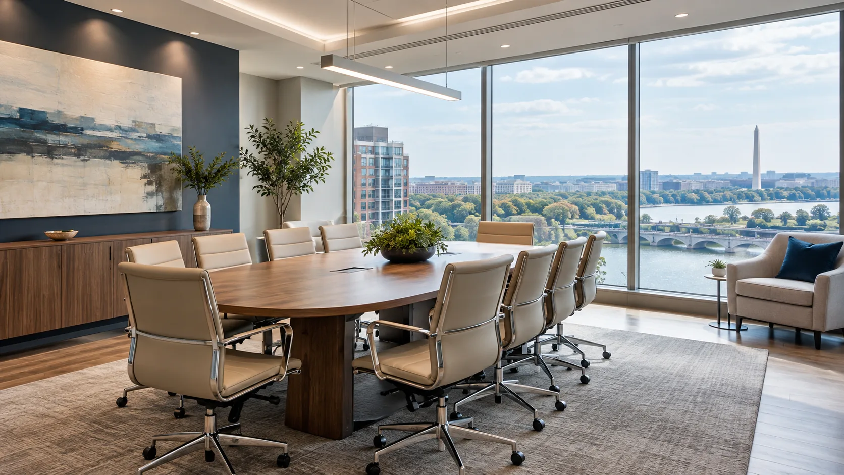 Research conference room in Northern Virginia with Potomac River and Washington Monument views