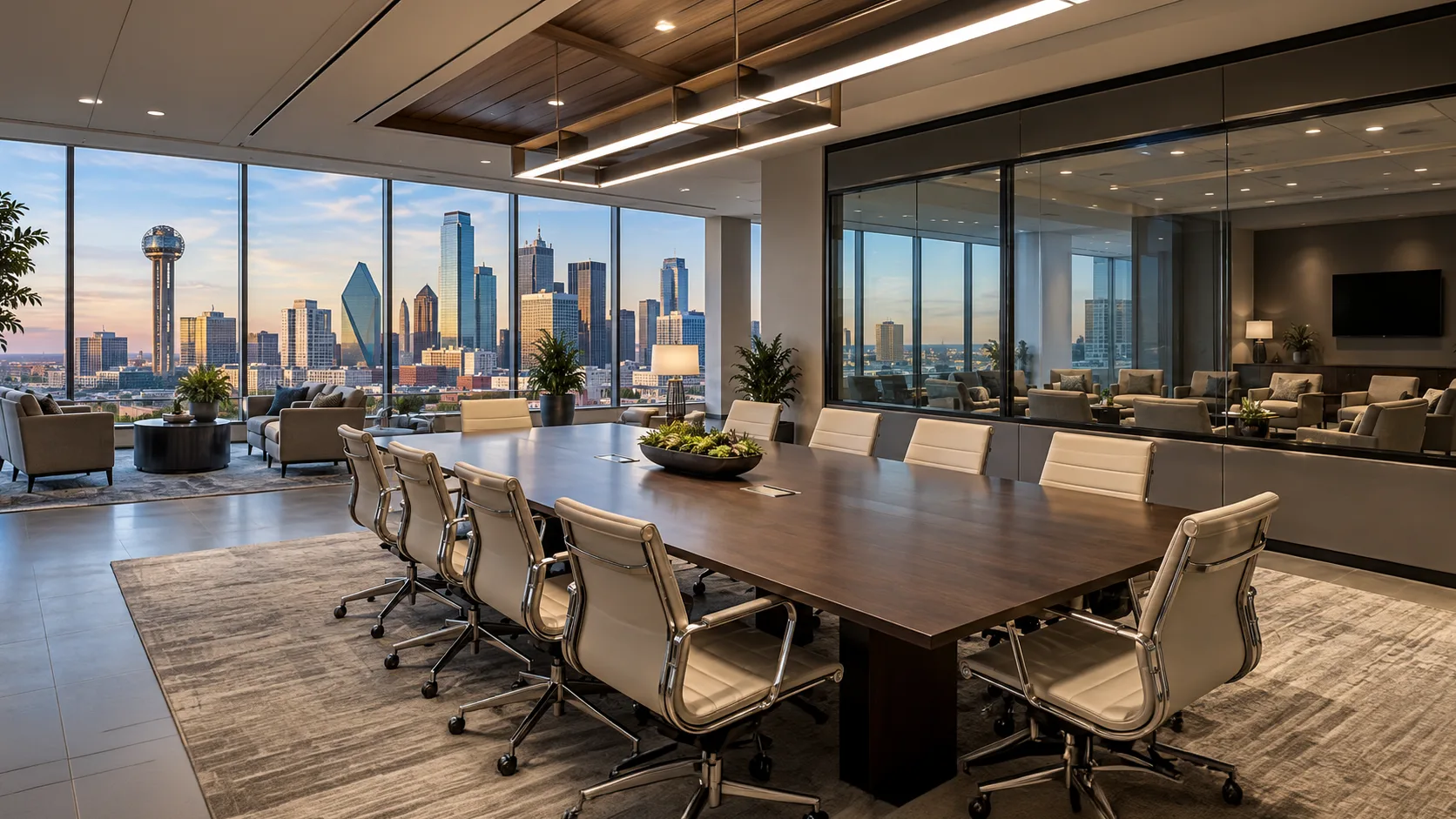 Research conference room with Dallas skyline views