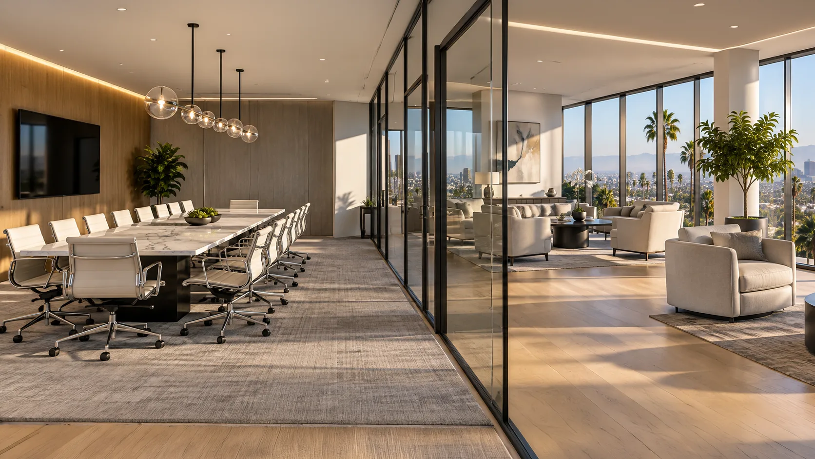 Glass-walled conference room and client lounge with city views