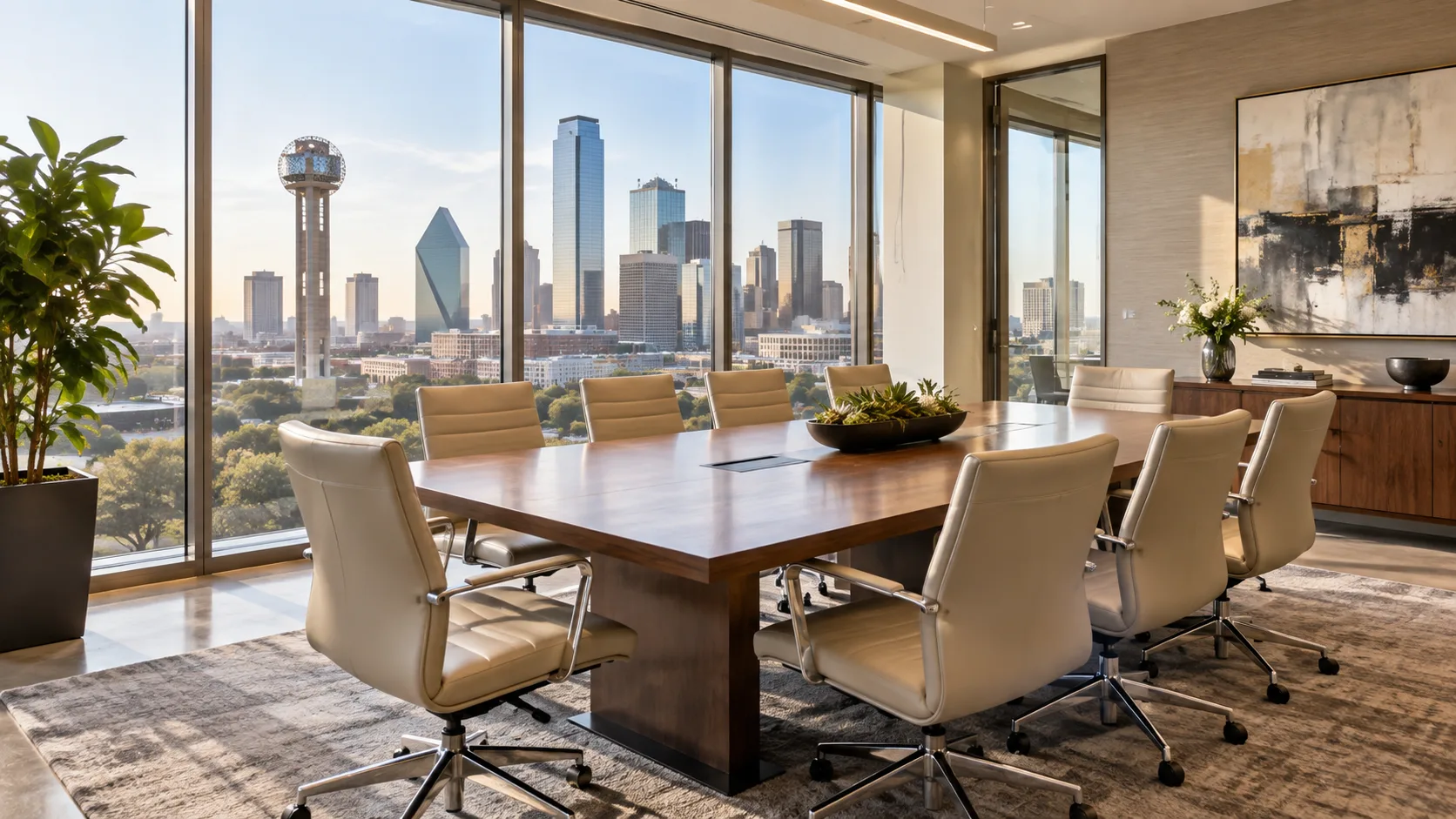 Research conference room overlooking downtown Dallas, Texas