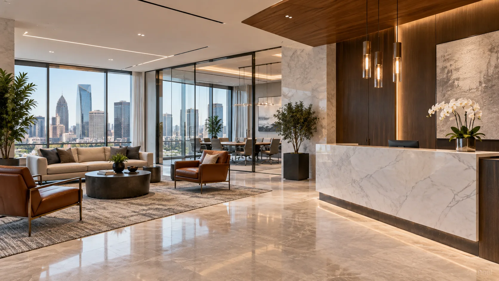 Reception and lounge area overlooking the Dallas skyline