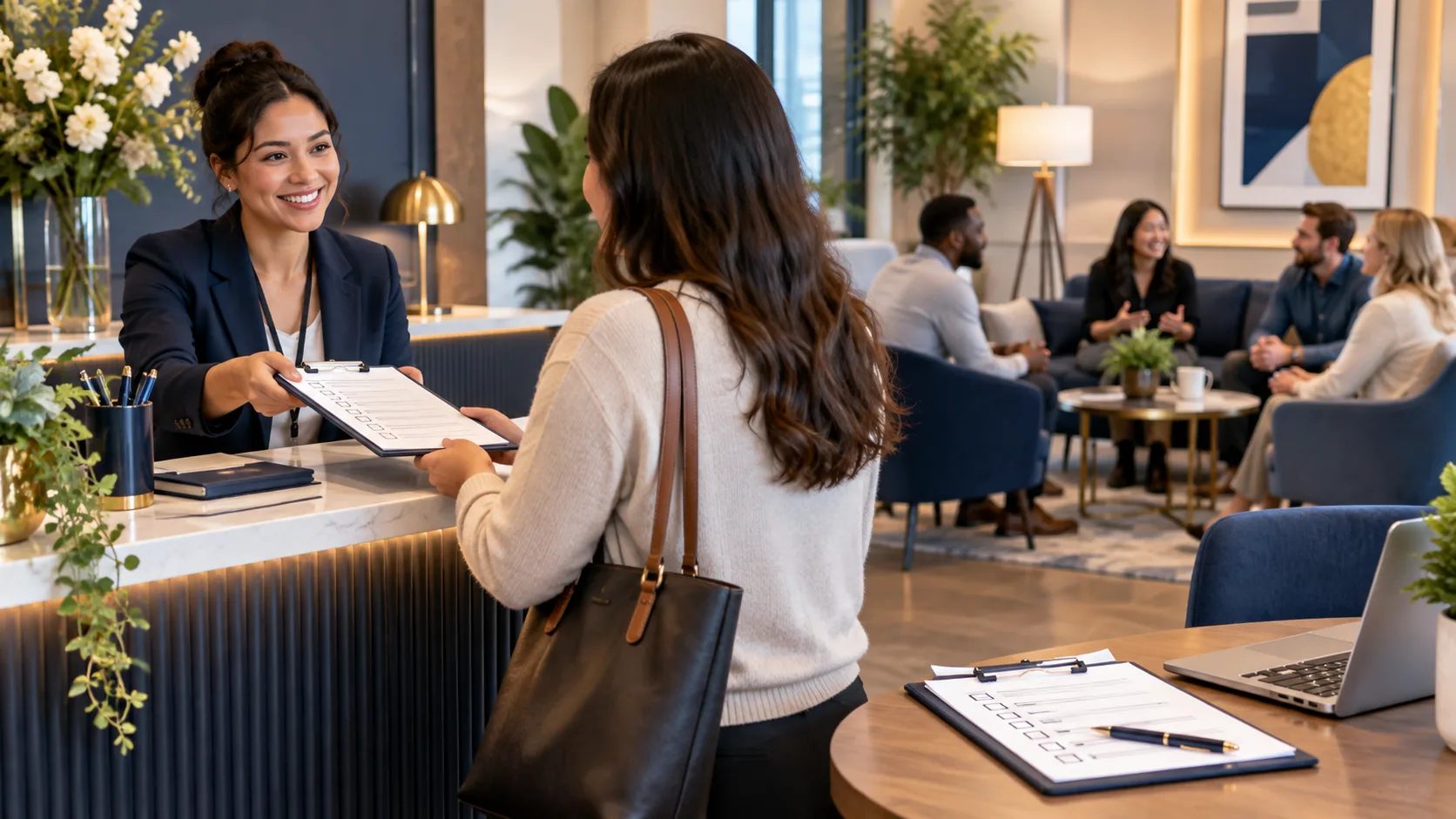 Participant checking in for a paid market research study at a professional research facility