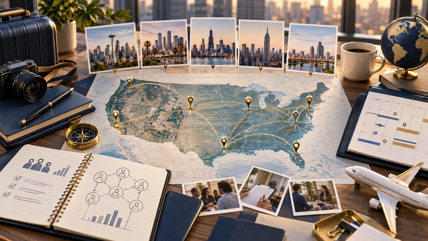 Multi-city research planning map with schedules, locations, and participant recruiting notes